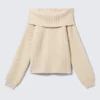 Off-Shoulder Ribbed Knitted Sweater – Light Beige