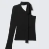 One-Shoulder Long-Sleeved Tie Top – Black
