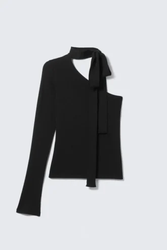 One-Shoulder Long-Sleeved Tie Top – Black