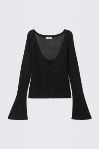 Open Knit Buttoned Cardigan – Black