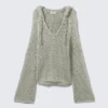 Open-Knit Hooded Sweater – Light Khaki Green