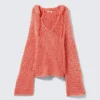 Open-Knit Hooded Sweater – Light Red