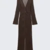 Open-Knit V-Neck Maxi Cardigan – Dark Brown