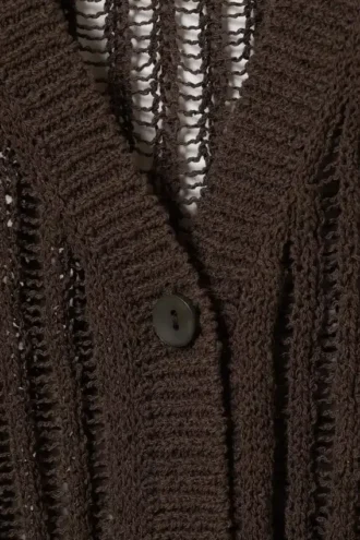 Open-Knit V-Neck Maxi Cardigan – Dark Brown