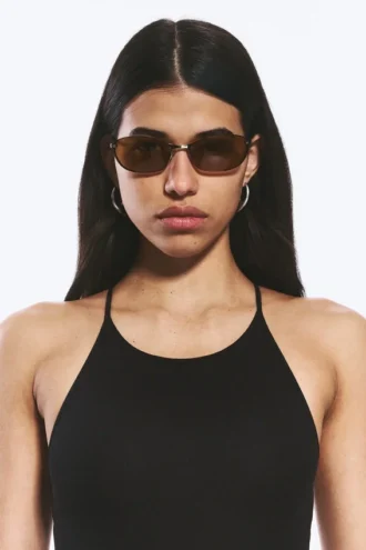 Oval Metal Frame Unisex Sunglasses – Brass – Brown Lenses