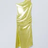 Overlap Draped Asymmetric Midi Dress – Shiny Yellow