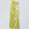 Overlap Draped Asymmetric Midi Dress – Shiny Yellow