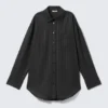 Oversized Button-Up Shirt – Dark Grey – Metallic Stripes
