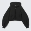 Oversized Cropped Frayed Zip Hoodie – Black