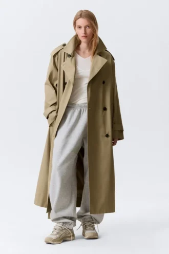 Oversized Double-Breasted Canvas Trench Coat – Beige