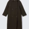 Oversized Double-Breasted Wool Blend Coat – Dark Brown Melange
