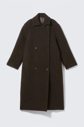 Oversized Double-Breasted Wool Blend Coat – Dark Brown Melange
