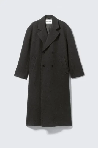Oversized Double-Breasted Wool-Blend Coat – Dark Grey Herringbone