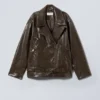 Oversized Faux Leather Biker Jacket – Dark Brown