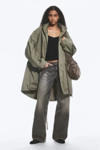 Oversized Funnel-Neck Canvas Parka – Khaki Green