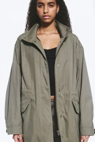 Oversized Funnel-Neck Canvas Parka – Khaki Green