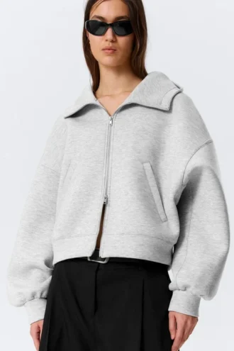 Oversized Funnel Neck Scuba Zip Hoodie – Grey Melange