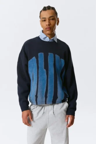 Oversized Graphic Knitted Cotton Sweater – Navy Blue – Alive