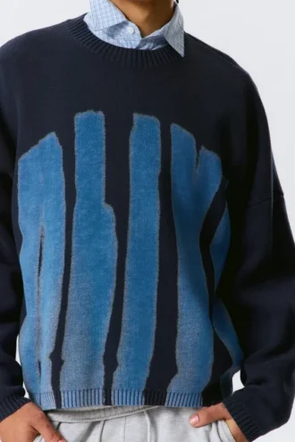 Oversized Graphic Knitted Cotton Sweater – Navy Blue – Alive