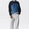 Oversized Graphic Knitted Cotton Sweater – Navy Blue – Alive