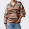 Oversized Knitted V-Neck Sweater – Brown & Orange Stripe