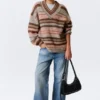 Oversized Knitted V-Neck Sweater – Brown & Orange Stripe