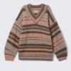 Oversized Knitted V-Neck Sweater – Brown & Orange Stripe