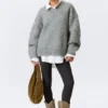 Oversized Knitted V-Neck Sweater – Grey Melange
