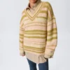 Oversized Knitted V-Neck Sweater – Striped Yellow