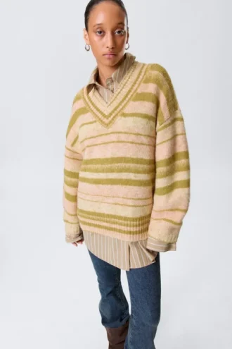 Oversized Knitted V-Neck Sweater – Striped Yellow
