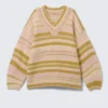 Oversized Knitted V-Neck Sweater – Striped Yellow