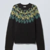 Oversized Knitted Wool-Blend Raglan Sweater – Black – Petrol/Yellow Pattern