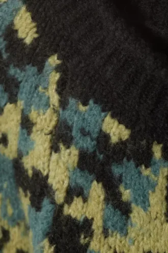 Oversized Knitted Wool-Blend Raglan Sweater – Black – Petrol/Yellow Pattern