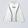 Oversized Long Sleeve V-Neck T-Shirt – Printed White