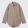 Oversized Long-Sleeved Cotton Shirt – Burgundy & Yellow Stripes