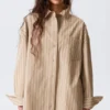 Oversized Long-Sleeved Shirt – Striped Beige