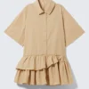 Oversized Ruffled Mini Shirt Dress – Beige