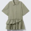 Oversized Ruffled Mini Shirt Dress – Khaki Green