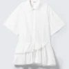 Oversized Ruffled Mini Shirt Dress – White