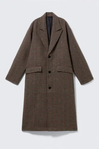 Oversized Single-Breasted Wool Blend Coat – Beige Multi Check