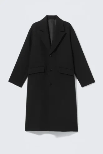 Oversized Single-Breasted Wool Blend Coat – Black