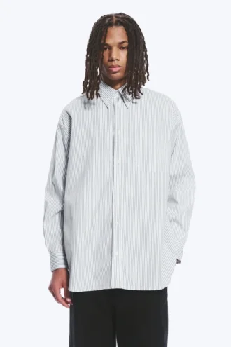 Oversized Striped Button-Down Shirt – White – Blue Stripes