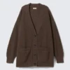 Oversized V-Neck Cotton Knit Cardigan – Dark Brown
