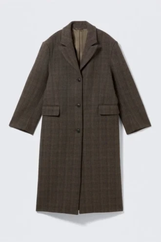 Oversized Wool-Blend Coat – Checked Dark Brown