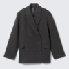 Oversized Wool-Blend Double-Breasted Blazer – Dark Grey – Herringbone