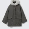 Padded Bomber Parka with Faux Fur Trim – Dark Grey