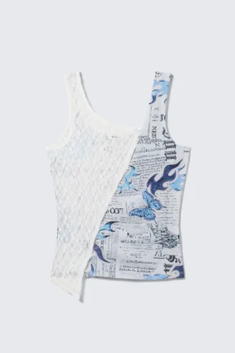 Patchwork Asymmetric Jersey Tank Top – White Lace/Newspaper