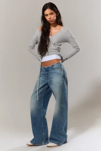 Paz Low Rise No-Waistband Wide Leg Jeans – Blue Horses – Medium Blue