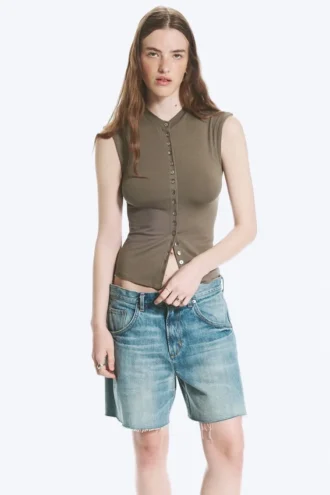 Pearl Button up Top – Dusty Grey
