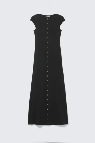 Pierced Short-Sleeved Maxi Dress – Black